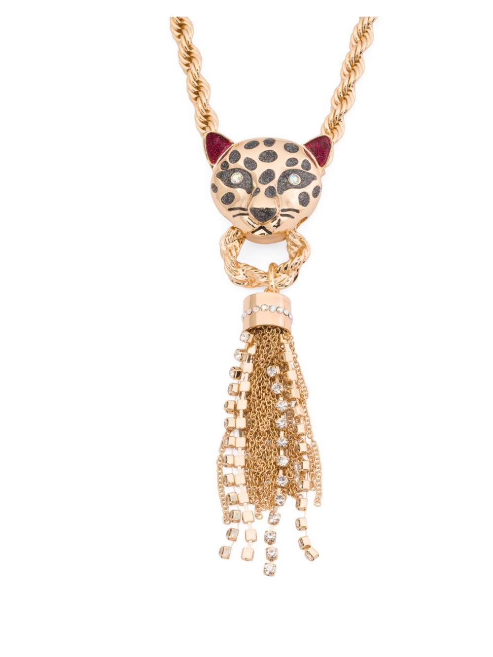 Betsey Johnson Leopard Tassel Pendant Rope Chain Necklace Gold Tone Crystal